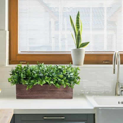 Winlyn 14" Artificial Boxwood Plants in Rectangular Wood Planter Farmhouse Greenery Arrangement Centerpiece Faux Potted Herb Plant for Wedding Dining Room Table Kitchen Windowsill Mantel Shelf Décor