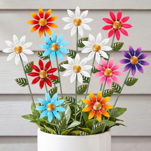 12 Pack 15.8" Metal Flowers for Outside Metal Flower Garden Stake Outdoor Garden Stakes Decorative Plant Gardens Stake Decor Flickering Daisy Yard Art for Lawn Porch Decor(Multicolor) - color: Multicolor