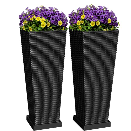 Greesum 23 Inch Tall Plastic Planters with Drainage Holes(Set of 2), Black - color: Black, size: 23" Height with Tray