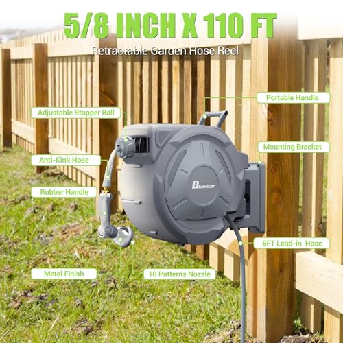 Retractable Garden Hose, 5/8" × 110 ft Wall Mounted Garden Hose Reel with 10-Pattern Hose Nozzle, Heavy Duty Water Hose Any Length Lock,Slow Return System,180°Swivel Bracket