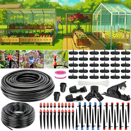 Drip Irrigation System, 213FT Drip Irrigation Kit for Garden - 50FT Main & 163FT Branch Tubing, Adjustable Nozzles for Drip or Mist Cooling, Irrigation System for Garden, Lawn, Patio, Raised Bed - size: 213FT