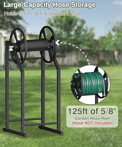 4-Spike Garden Hose Reel with 3.9ft Leader Hose & Stainless Fitting, Outdoor Hose Holder holds 125ft Hose of 5/8", Freestanding Metal Hose Stand for Outside Yard Lawn, Black - color: Black