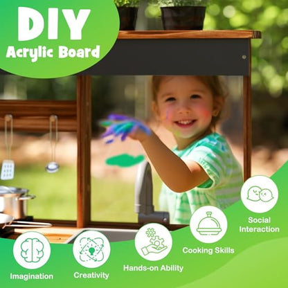 Costzon Mud Kitchen, Fir Wood Outdoor Play Kitchen w/ 4 Planting Pots - style: Planter Brown