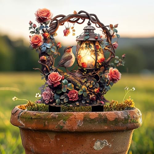 Vintage Bird and Roses Acrylic Garden Stake, Indoor and Outdoor Garden Acrylic Decoration, Idea Gift for Flower Potted Ornament and Landscape Beautification, Suitable for Courtyards and Lawn - color: colorful-2
