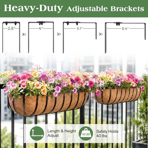 ZeeDix 24 Inch Railing Planter Box, 2 Pack Metal Window Box with Coco Liner