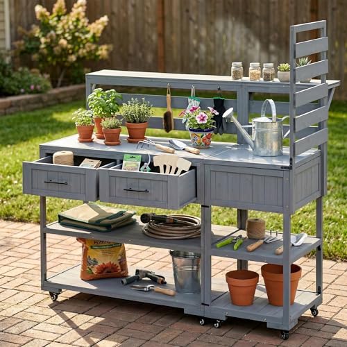 GDFStudio Elshire Patio Kitchen Island Cart with Storage, Wooden Outdoor Storage Cabinet with Stainless Steel BBQ Prep Table Top, Drawers, Raised Shelf and Lockable Wheels, Garden Potting Bench, Gray - color: Grey