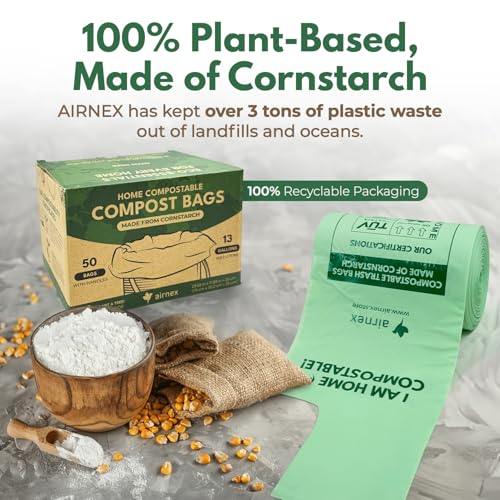 AIRNEX Compostable Kitchen Trash Bags 13 Gal - Cornstrarch Leakproof & Tear Resistant 50 Compost Bags - OK Compost Home & Seedling Certified 0.25 mm Kitchen Garbage Bags - style: 13 Gal, 50 Pack