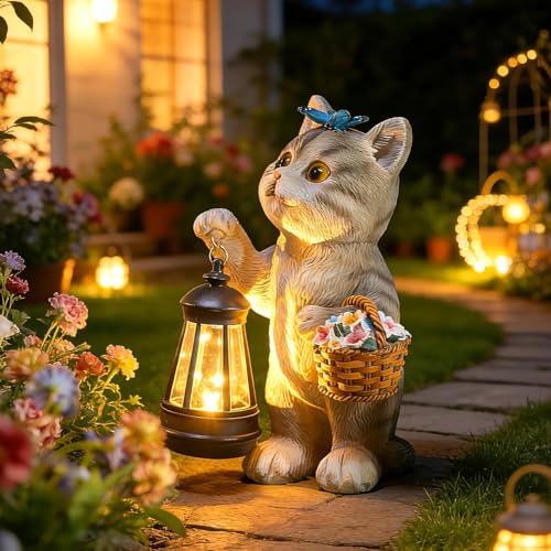 Brightown Solar Cat Garden Decor Statue with Solar Lantern Light, Hand-Painted Resin, IP65 Waterproof Outdoor Decor for Patio, Balcony & Yard Decorations, Unique Mothers Day Gifts for Mom Women - color: Gray Cat