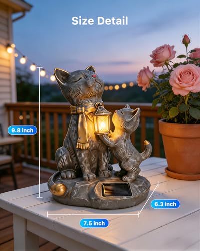 9.8" Solar Cat Resin Garden Statues Outdoor LED Light with Lantern