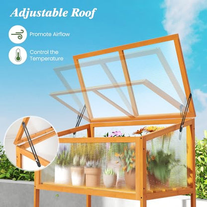 Giantex Wood Cold Frame Greenhouse, Raised Flower Planter Protection with Transparent Openable Roof & Slatted Shelf, Indoor Outdoor Hot House for Garden Balcony, 36”x20”x42” - size: 36”x20”x42”