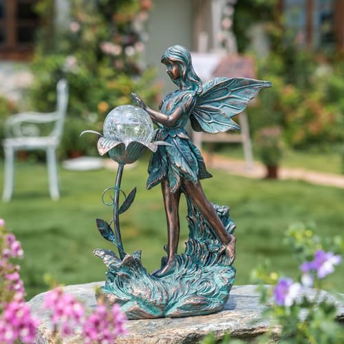 TERESA'S COLLECTIONS Fairy Garden Solar Light Resin Bronze Large Statue 11"