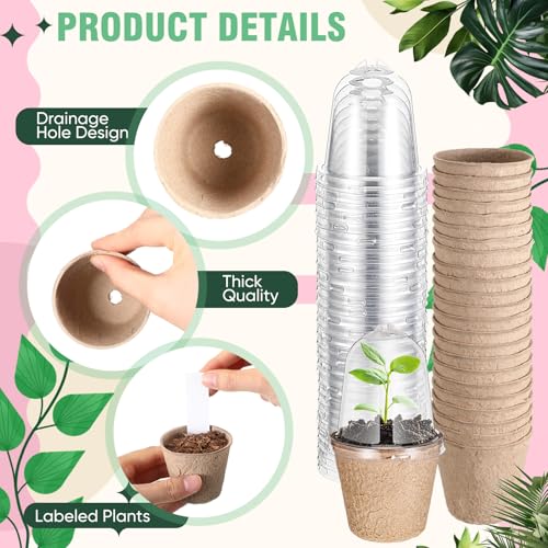 Baderke 120 Pcs Biodegradable Nursery Pots with 30 Humidity Dome and 30 Labels, 3.15" Plant Nursery Seed Starter Planter Biodegradable Peat Pots for Planting Seedlings, Vegetables (Round) - size: 3.15", style: Round