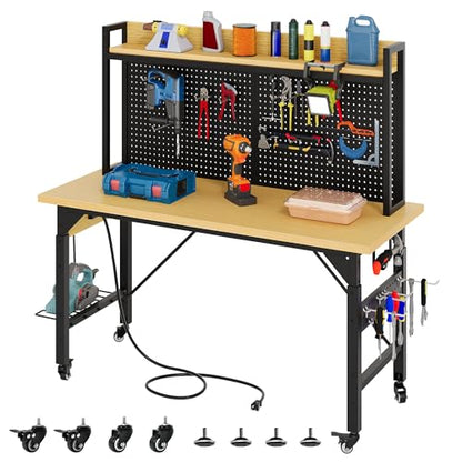 YITAHOME 48in Adjustable Workbench with Pegboard & Wheels & Outlets - size: 48" Workbench w/Pegboard