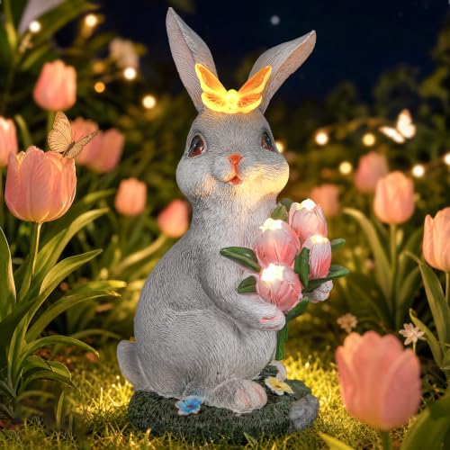 Solar Garden Rabbit Statue Outdoor Decor, Grey Bunny Figurine with LED Butterfly & Tulips, Resin Yard Art Ornament for Patio Lawn, Birthday Gardening Gifts for Women Mom Grandma - color: Gray