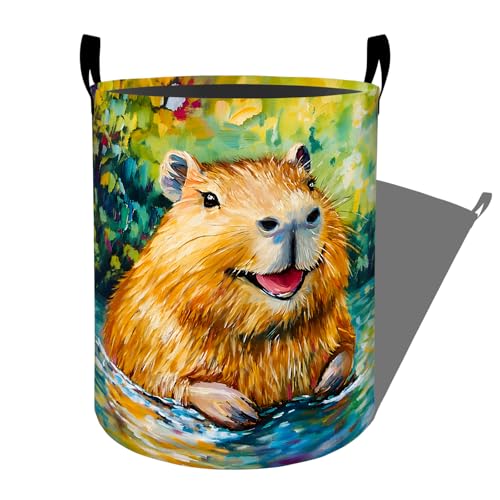 Capybara River Laundry Basket, Colorful Wildlife Pond Storage Hamper, Round Collapsible Waterproof Cloth Bin, 19.7x15.7 Inch Rustic Farmhouse Art Clothes Organizer Gifts for Bathroom Decor - color: Capybara