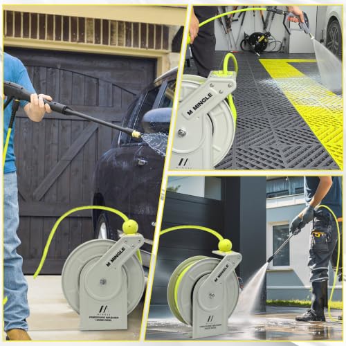 M MINGLE Retractable Pressure Washer Hose Reel, 1/4" × 60ft Power Washer Hose Reel, Auto Rewind Hose Reel, Wall/Floor Mounted, 3600 PSI - size: 60 FT
