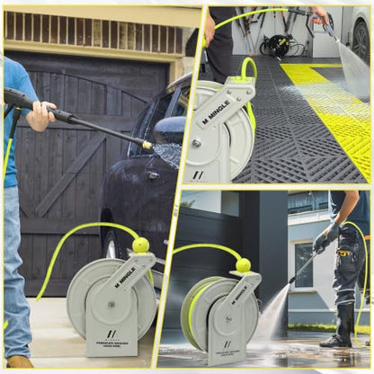 M MINGLE Retractable Pressure Washer Hose Reel, 1/4" × 60ft Power Washer Hose Reel, Auto Rewind Hose Reel, Wall/Floor Mounted, 3600 PSI - size: 60 FT