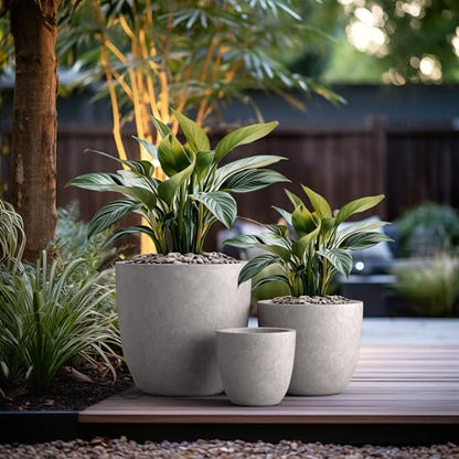 Kante Set of 3 CON Gray Concrete Bowl Planters 18" 14" 10" Dia - color: Light Gray, size: 18"d + 14"d + 10"d