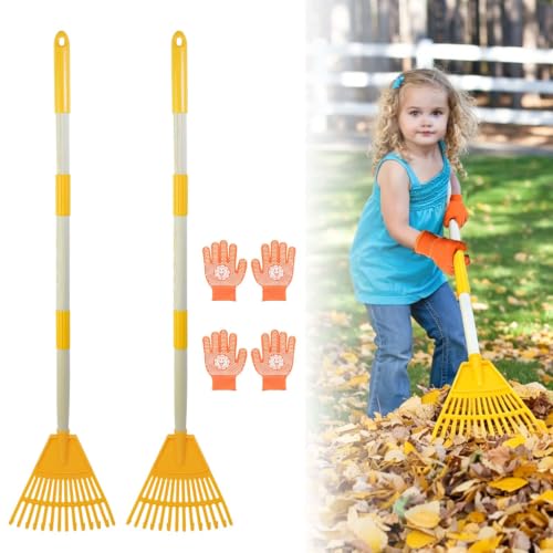 2PCS Adjustable Kids Rakes for Leaves & 2 Pairs Gloves, 34" Plastic Garden Yard Rake Small Childrens Lawn Rake Toddler Leaf Rakes with Detachable Hardwood Handle Gardening Tools for Boy Girl, Yellow - color: 2PCS Plastic Rakes+2 Pair Gloves