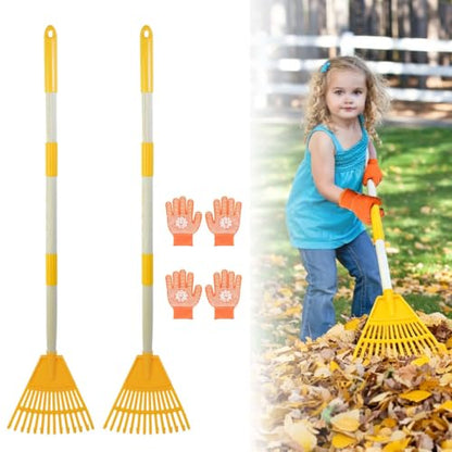 2PCS Adjustable Kids Rakes for Leaves & 2 Pairs Gloves, 34" Plastic Garden Yard Rake Small Childrens Lawn Rake Toddler Leaf Rakes with Detachable Hardwood Handle Gardening Tools for Boy Girl, Yellow - color: 2PCS Plastic Rakes+2 Pair Gloves
