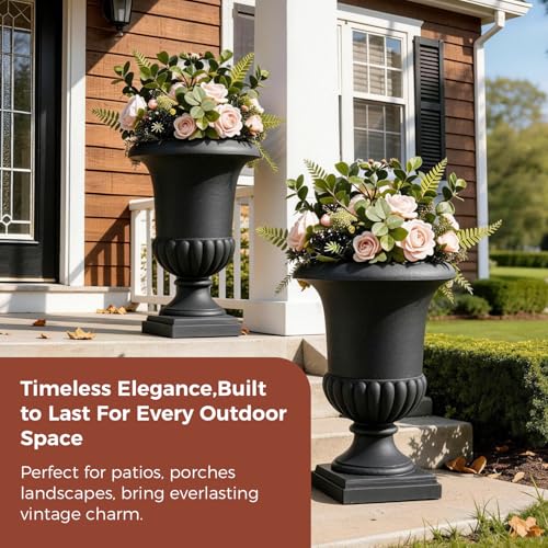 24.4" H Roman Urn Planter, Lightweight Matte Black Plastic Flower Pot - color: Black