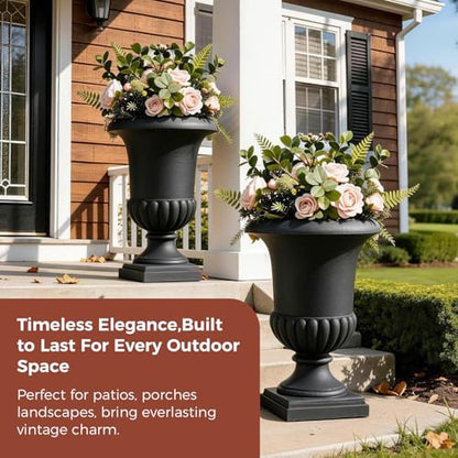 24.4" H Roman Urn Planter, Lightweight Matte Black Plastic Flower Pot - color: Black