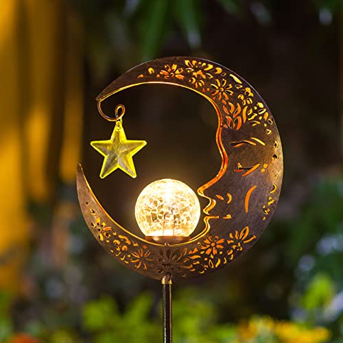 Hapjoy Solar Lights Outdoor Decor Moon Lantern for Patio,Lawn or Pathway Moon Decorations Crackle Glass Globe Stake Metal Lights Waterproof Warm LED Garden Gifts (Bronze) - color: Bronze