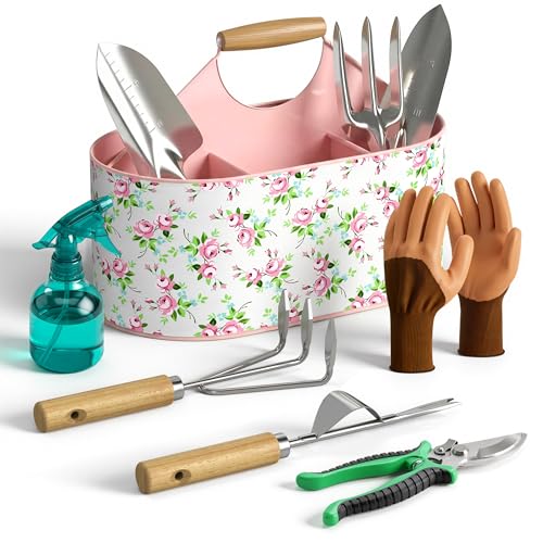 9Pcs Garden Tool Set with Stainless Steel Tools&Metal Basket, Pink - color: Pink
