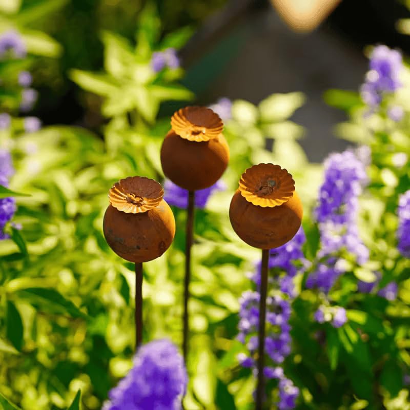 Set of 3 Rustic Metal Coneflower Garden Stakes,Rusty - color: Coffee