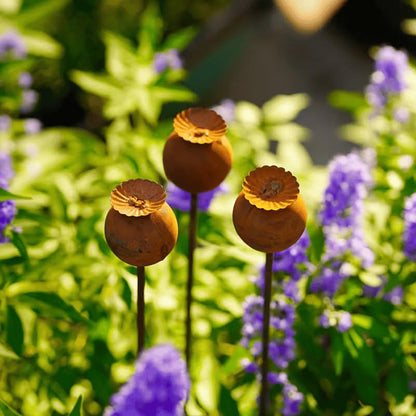 Set of 3 Rustic Metal Coneflower Garden Stakes,Rusty - color: Coffee