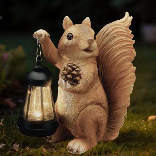 Solar Squirrel Garden Statue Outdoor Decor, Brown, Resin - color: Brown