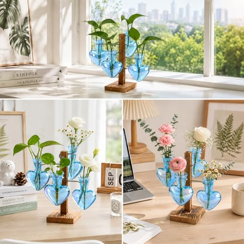 Nacome Plant Terrarium Propagation Stations: Blue Vase with Wooden Stand - color: Blue