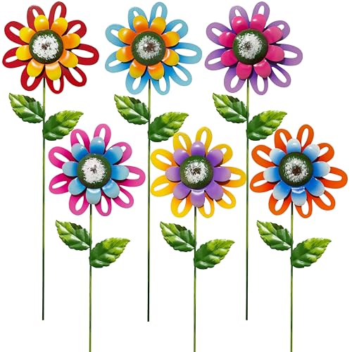 Metal Flower Garden Stakes Set of 6, Outdoor Yard Art Decorations, Hand-Painted Flower with Shaking Head Lawn Stakes for Garden, Patio, Flower Bed, Spring Summer Outdoor Decor - color: B