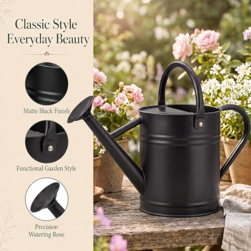 1 Gallon Metal Watering Can for Indoor Outdoor Plants, Classic Black