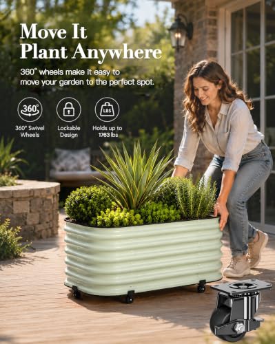 DaisyVibe 21" Rolling Raised Garden Bed with Water Reservoir Base - color: Green, size: 31.5"Lx15.7"Wx21"H