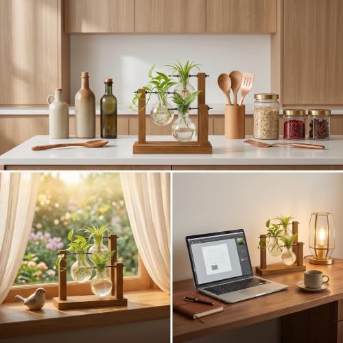 Plant Propagation Station, Wooden Stand with 3 Glass Vases