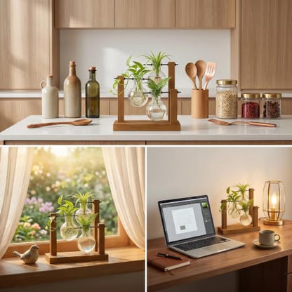 Plant Propagation Station, Wooden Stand with 3 Glass Vases