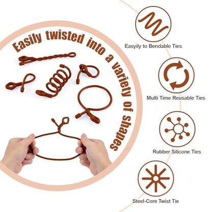 HOMEE 24Pcs Reusable Silicone Cable Twist Ties with Holes 6, 12, 18 inch - color: Brown, size: 6"+12"+18" - 24 PCS