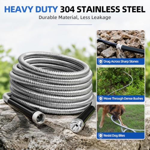 SPECILITE 125ft 304 Stainless Steel Metal Garden Hose with Blue Nozzle - color: Sliver, size: 125 ft