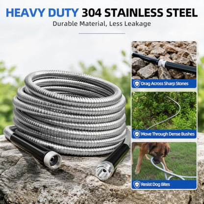 SPECILITE 125ft 304 Stainless Steel Metal Garden Hose with Blue Nozzle - color: Sliver, size: 125 ft