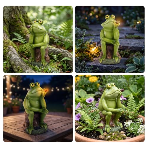 Frog Garden Statue with Solar Light for Outside, Funny Frog Figurine
