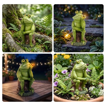 Frog Garden Statue with Solar Light for Outside, Funny Frog Figurine