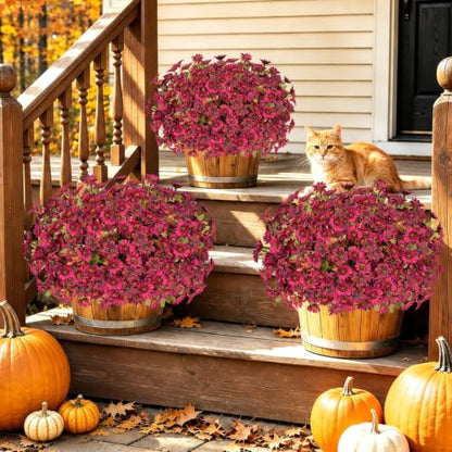 15PCS Artificial Fall Flowers for Outdoors, UV Resistant Fake Mums - color: Burgundy Daisies & Burgundy Violets