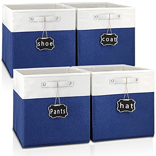 12x12 Collapsible Fabric Storage Cubes, Set of 4, White Blue, Linen Cardboard, 40 lbs Capacity, Kallax Compatible - color: white & blue-4pack, size: 12''x12''x12''