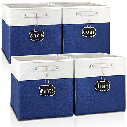 12x12 Collapsible Fabric Storage Cubes, Set of 4, White Blue, Linen Cardboard, 40 lbs Capacity, Kallax Compatible - color: white & blue-4pack, size: 12''x12''x12''