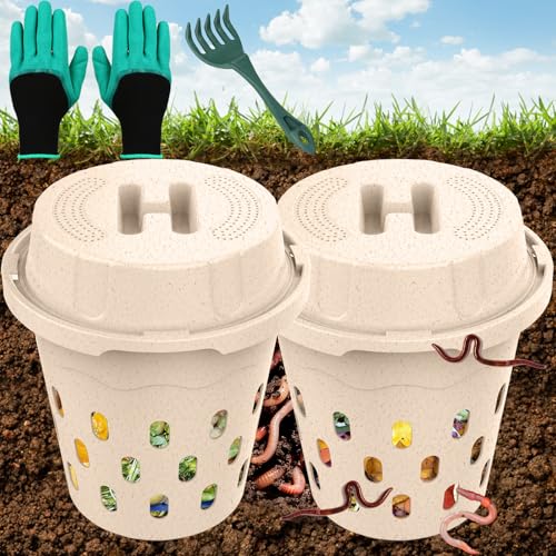 2-Pack Underground Worm Composter, Worm Compost Bin for Garden, 8L - color: Wheat Straw Plastic, size: 2-Pack