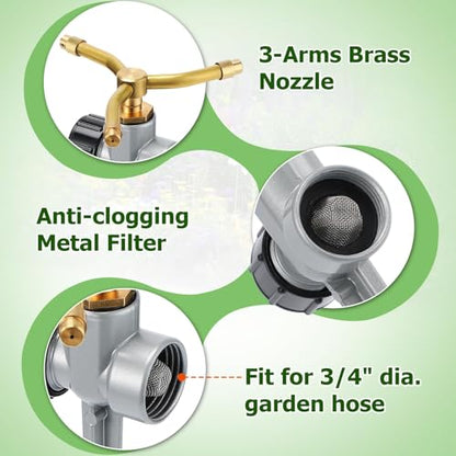 Acostop 2 Pack Aluminum Alloy Lawn Sprinkler with 3 Arms Brass Nozzle