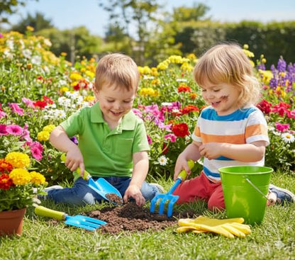 JustForKids Kids Garden Tool Set, 2 Pack STEM Educational Gardening Kit with Wooden-Handle Metal Pails, Plastic-Handle Shovel, Rake & Cultivator, Outdoor Toys & Gift for Toddlers Boys Girls Ages 3-8 - style: 2 Pack of Green and Blue Water Pails + Small To