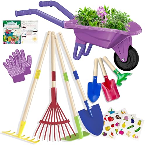 Qtioucp Kids Gardening Tools Outdoor Toys Set Backyard Play with Wheelbarrow Educational STEM Learning Pretend Toys Outdoor Indoor for Toddlers Kids Boys Girls - color: Purple