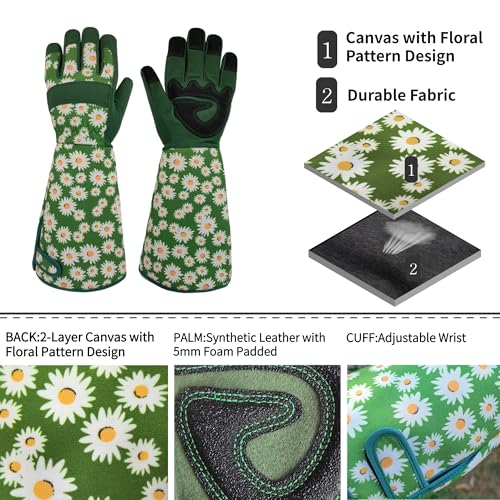 Thornproof Rose&Cactus Gardening Gloves,Gauntlet Garden Glove,Gifts - color: Green Daisy, size: Medium